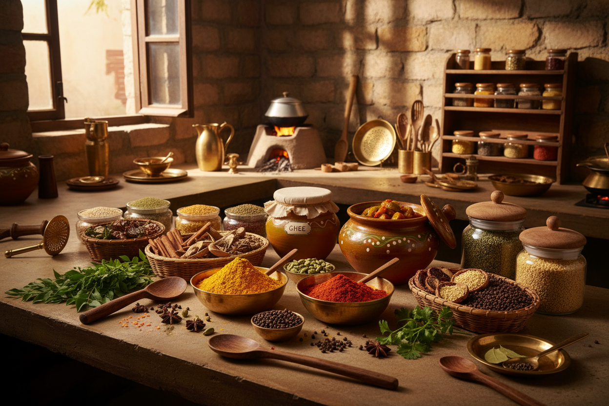 Generate a high-resolution landscape image (16:9) for the homepage of an online store that sells pure, natural, traditionally made Indian food products.